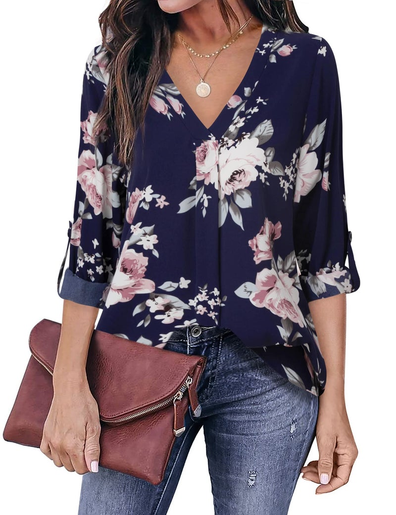 Youtalia Womens Dressy Casual Blouses Loose V Neck 3/4 Sleeve Tops Tunics,Multicolor Blue,XL - Image 4
